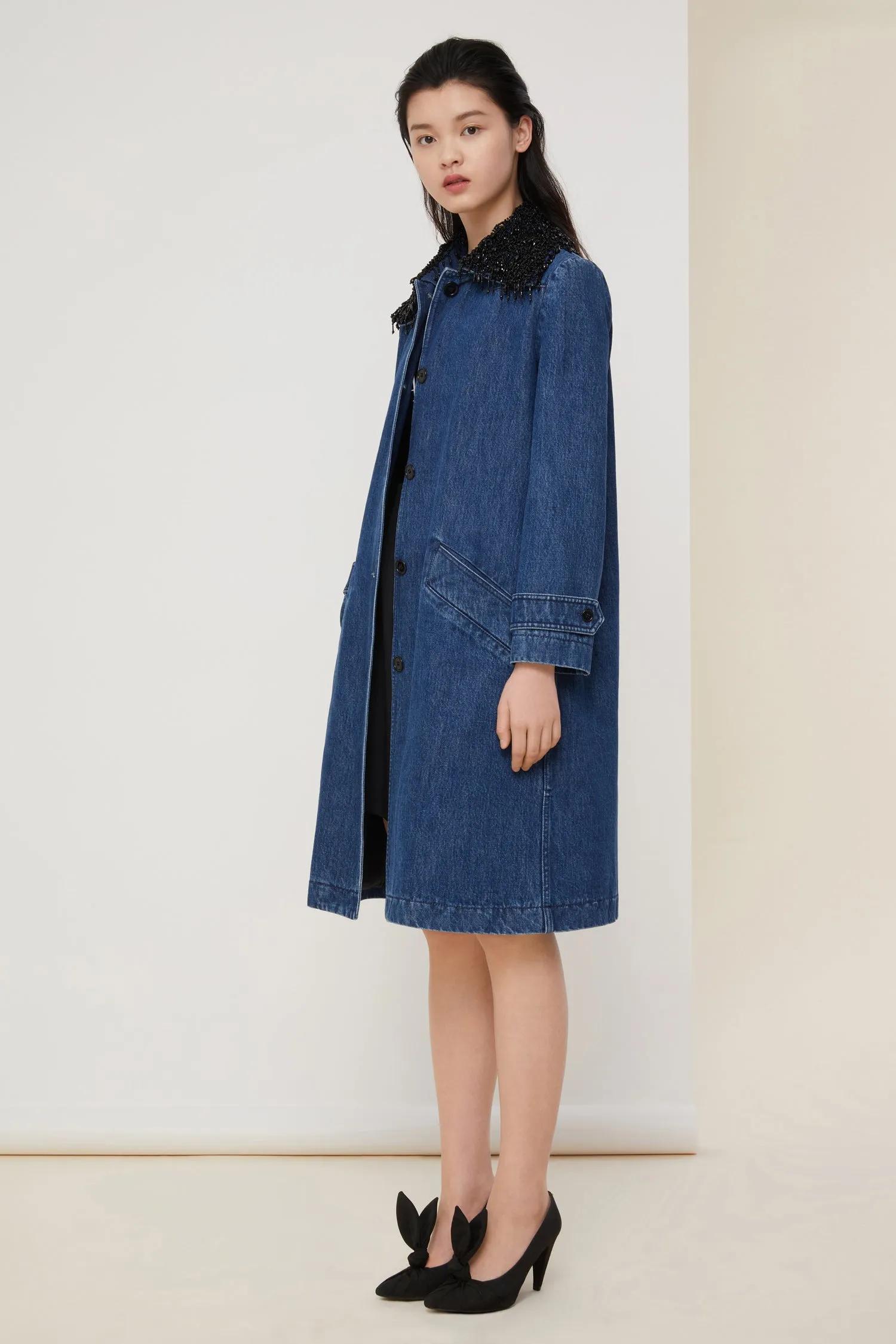 Jewelled collar denim overcoat