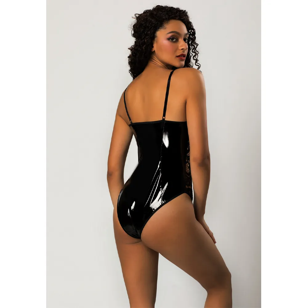 JSY Wet Look & Lace Crochet Bodysuit