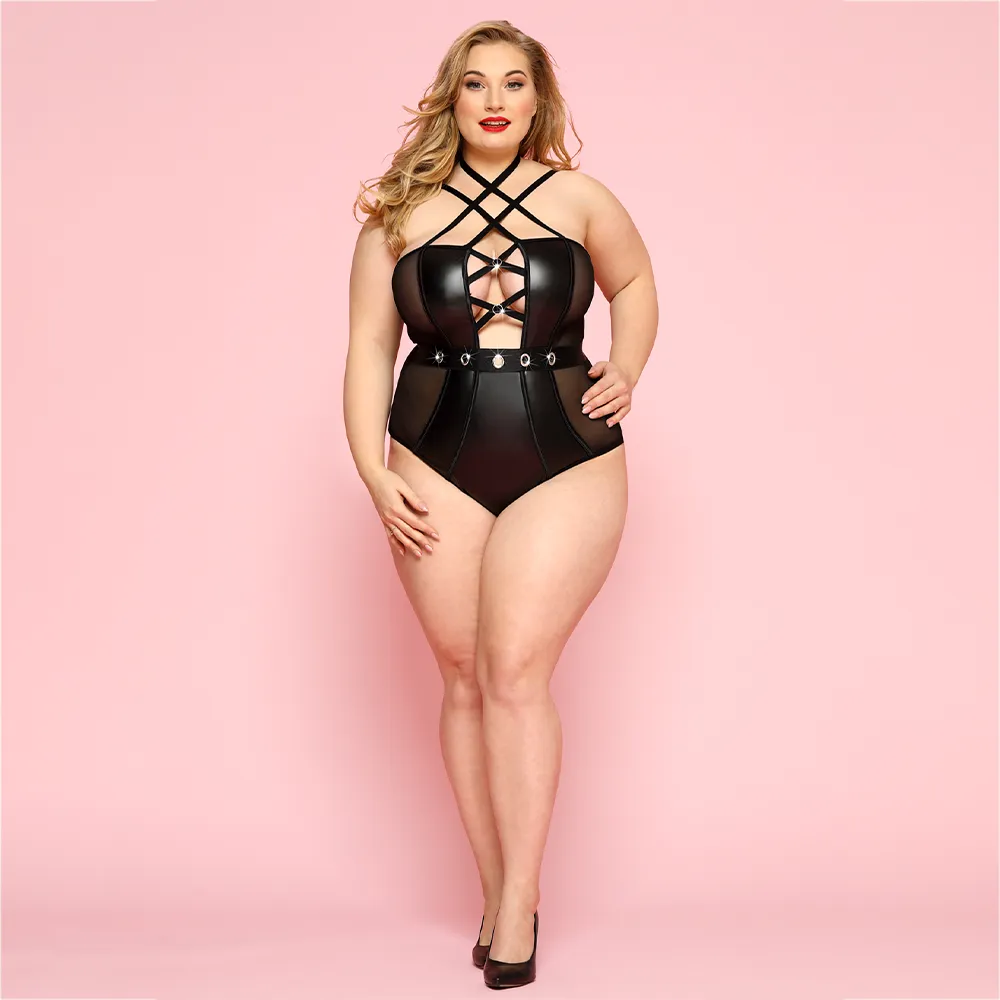 JSY Wet Look & Mesh Criss-Cross Strappy Bodysuit - Curvy