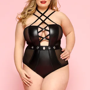 JSY Wet Look & Mesh Criss-Cross Strappy Bodysuit - Curvy