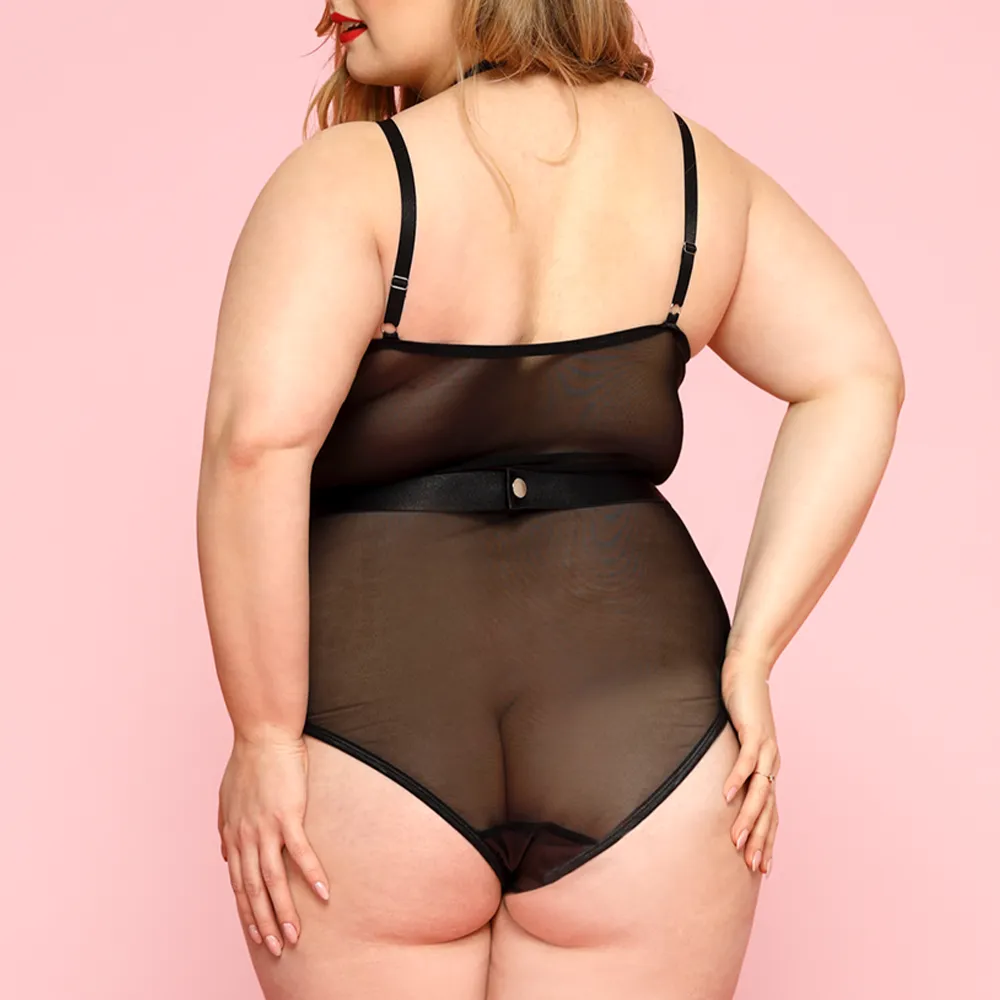 JSY Wet Look & Mesh Criss-Cross Strappy Bodysuit - Curvy