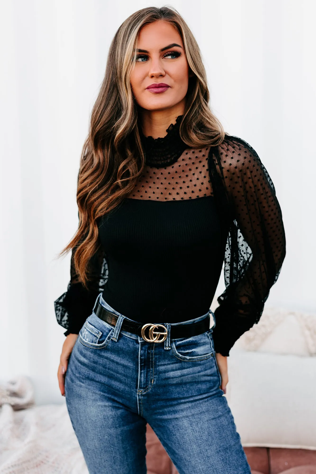 Keep The Change Ribbed Dot Mesh Bodysuit (Black)