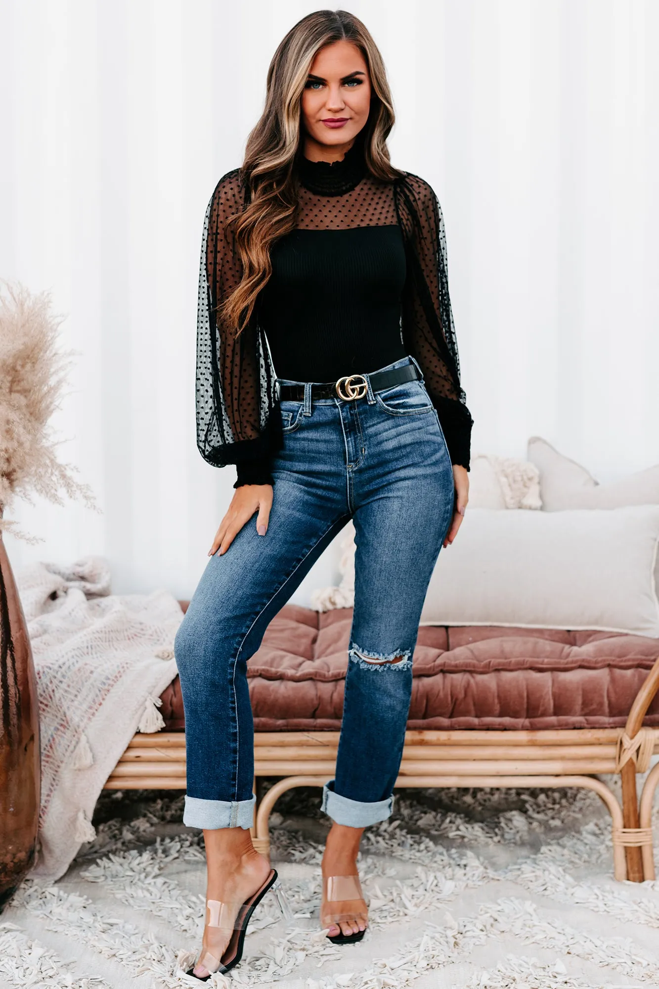 Keep The Change Ribbed Dot Mesh Bodysuit (Black)