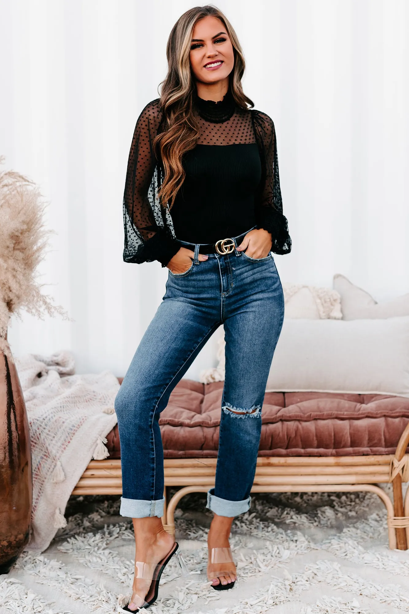 Keep The Change Ribbed Dot Mesh Bodysuit (Black)