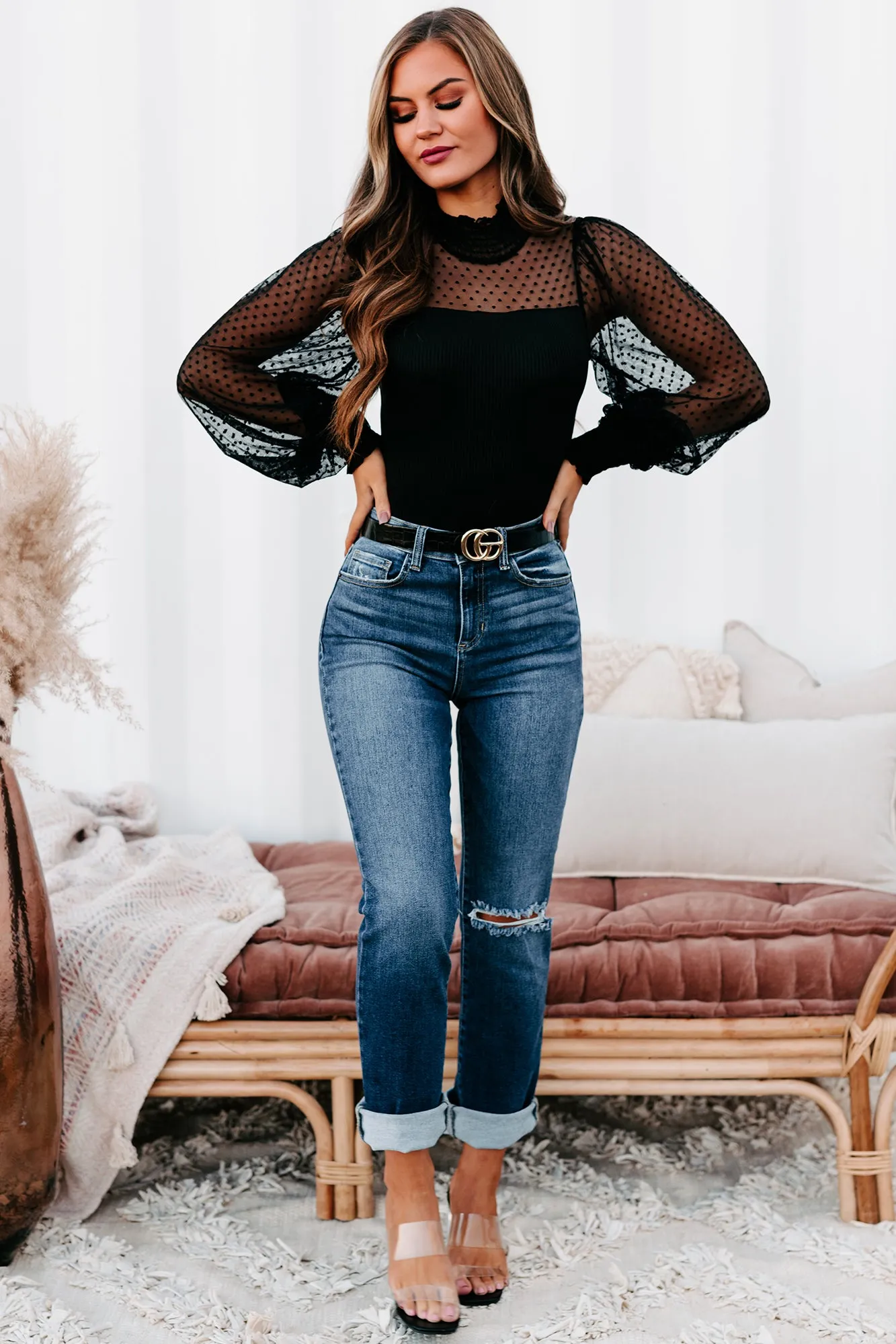 Keep The Change Ribbed Dot Mesh Bodysuit (Black)