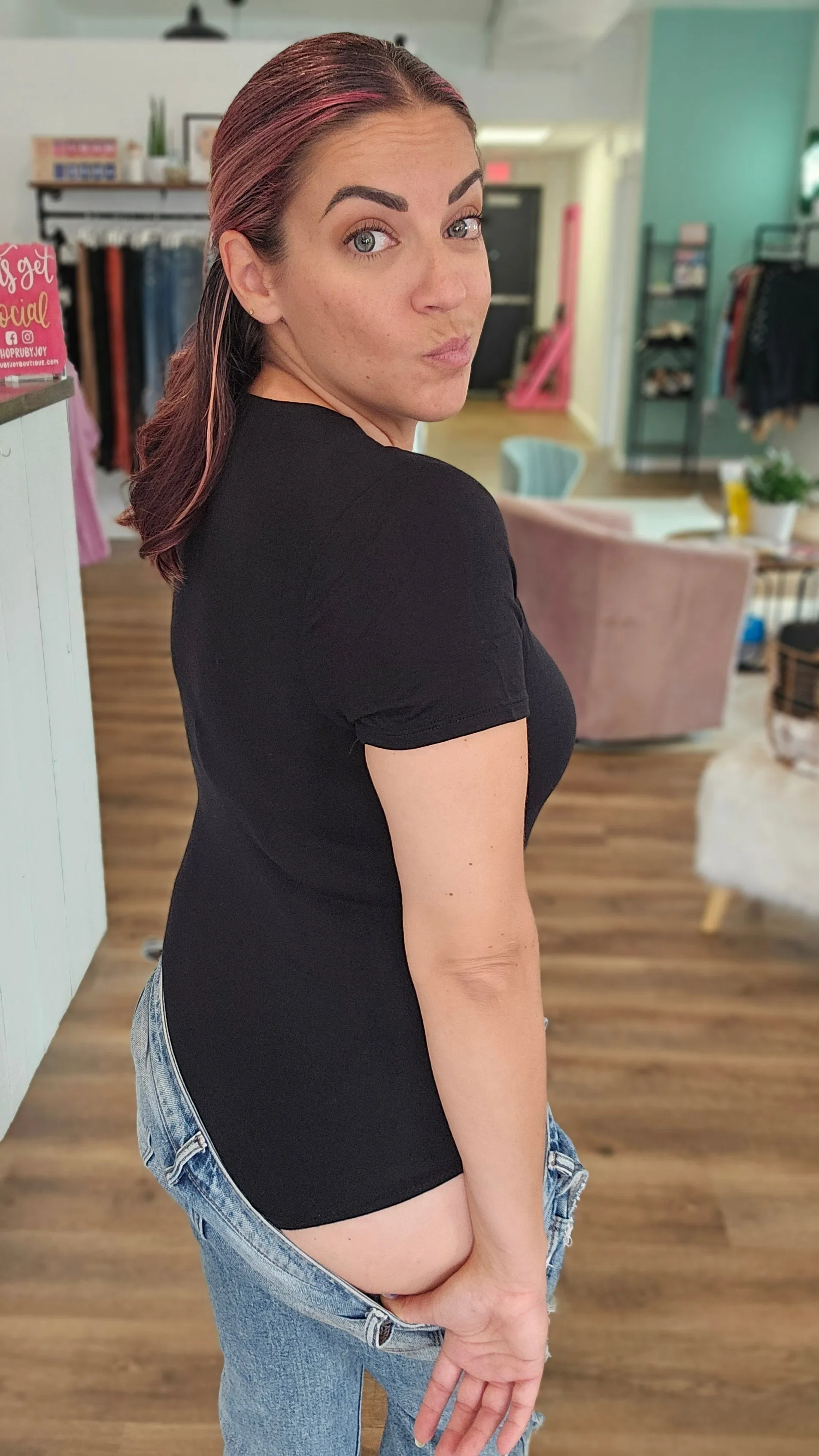 Kristen Deep V-Neck Short Sleeved Bodysuit - Black
