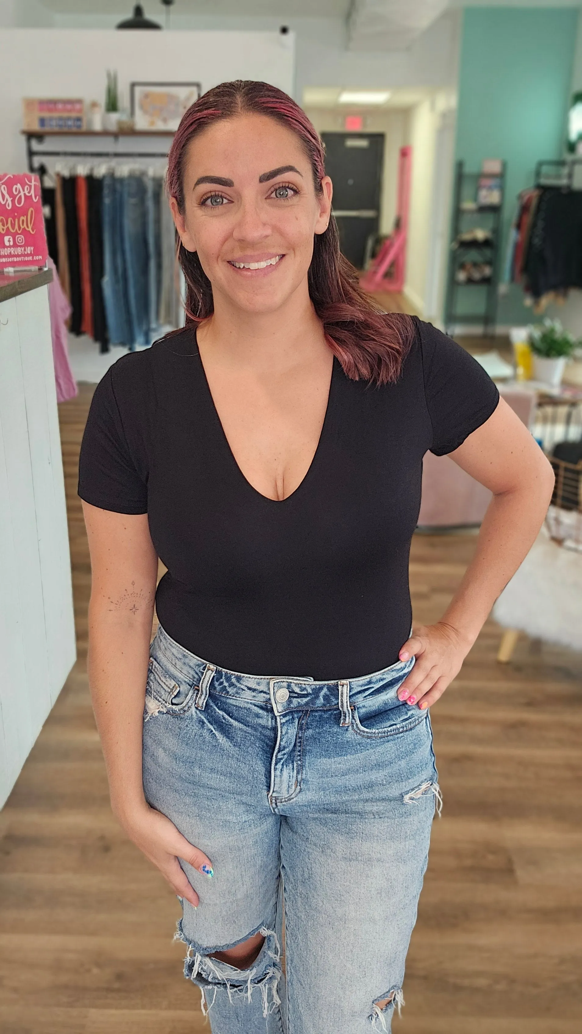 Kristen Deep V-Neck Short Sleeved Bodysuit - Black