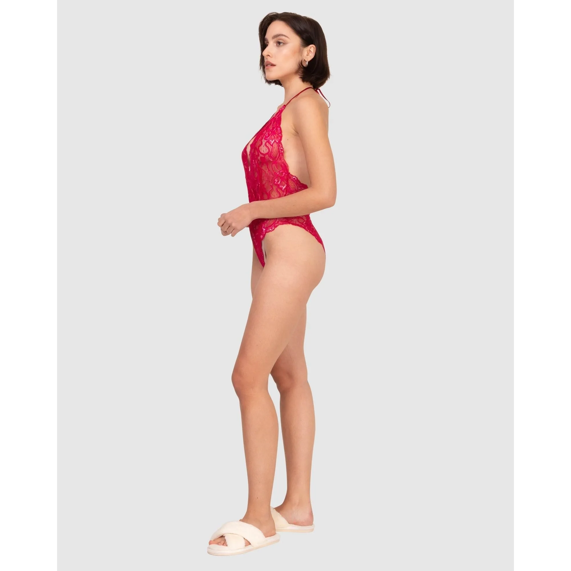 Lace High Leg Halter Lingerie Bodysuit-Ruby