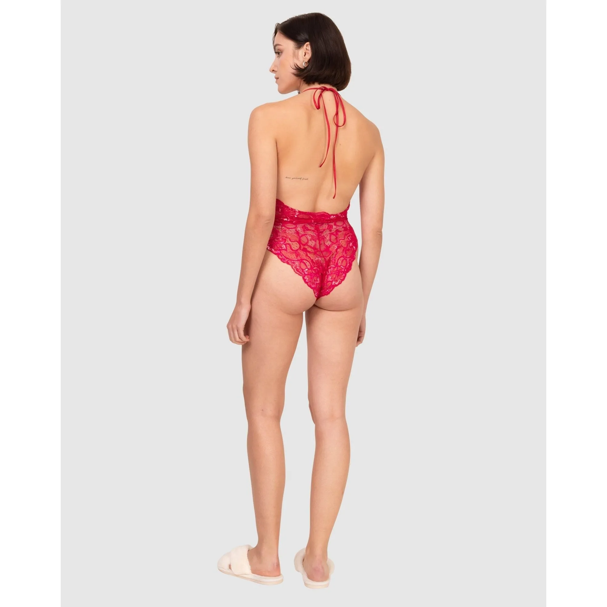 Lace High Leg Halter Lingerie Bodysuit-Ruby