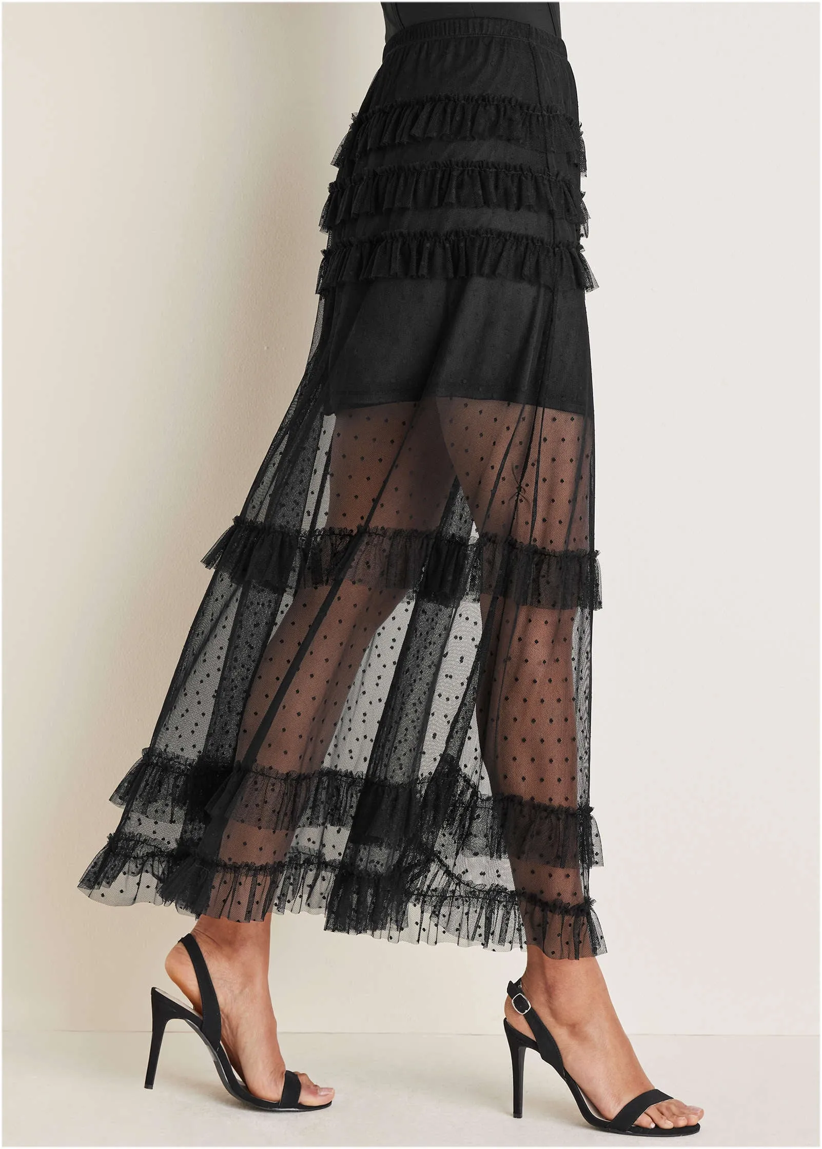 Lace Ruffle Maxi Skirt  - Black