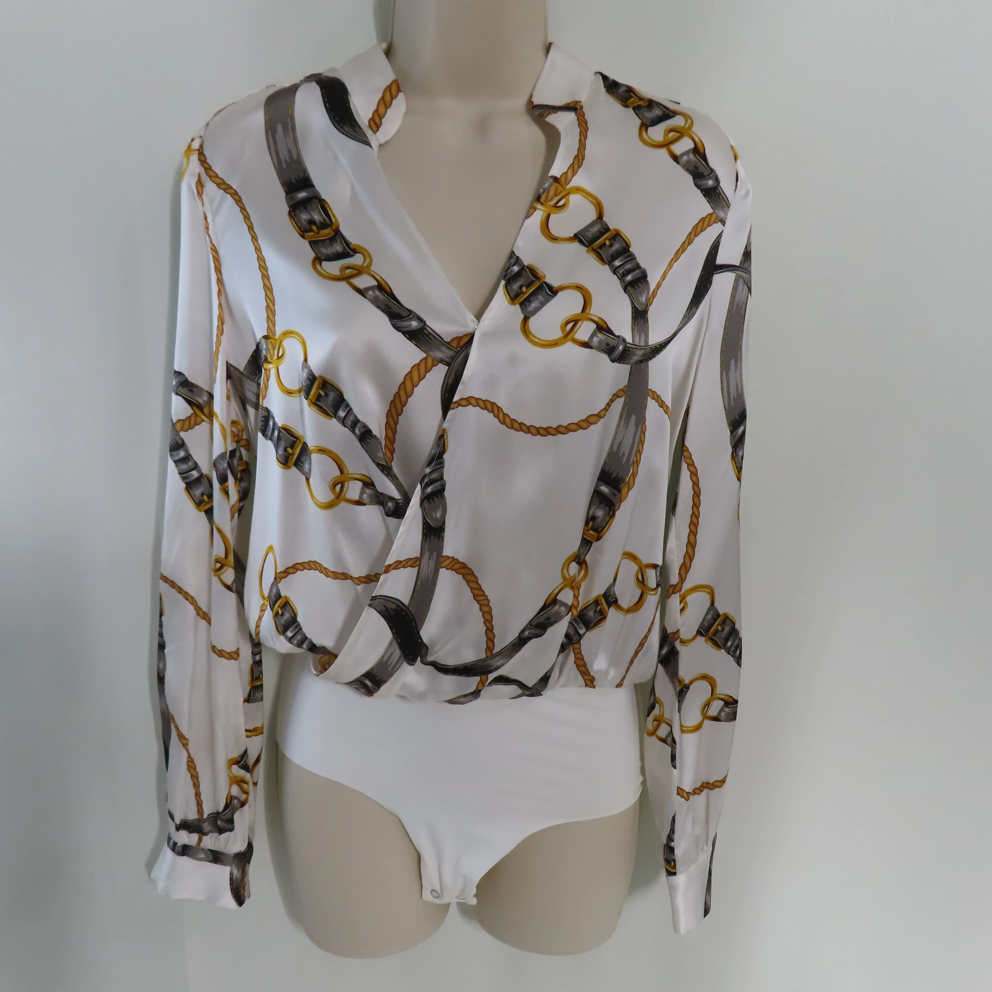 L'AGENCE Marcella Ivory Driftwood Nimes Silk Surplice Neckline Long Sleeve Bodysuit Size XS