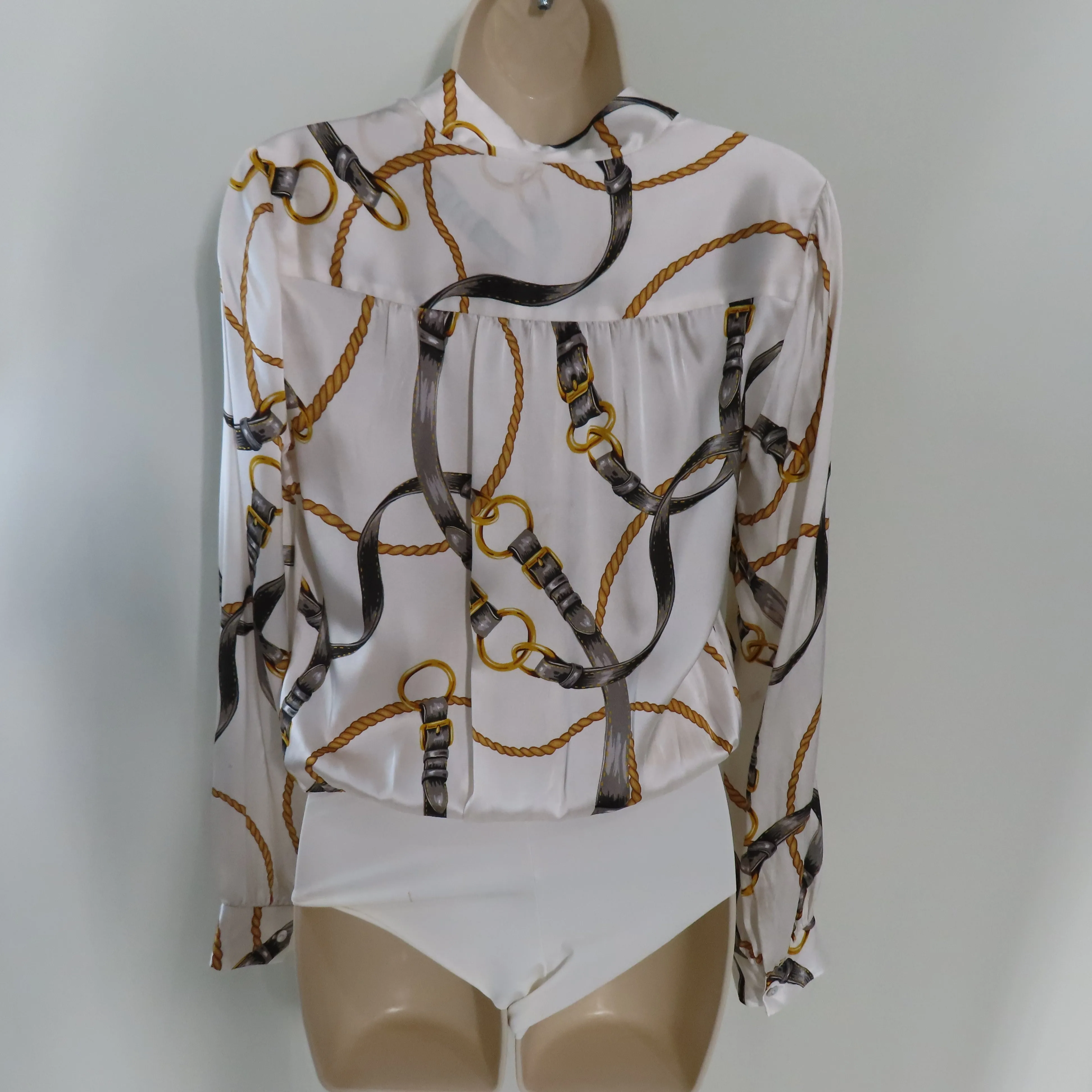 L'AGENCE Marcella Ivory Driftwood Nimes Silk Surplice Neckline Long Sleeve Bodysuit Size XS