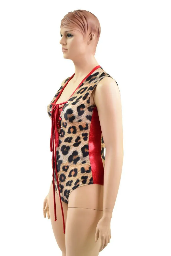 Leopard & Red Plunging V Lace Up Romper