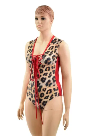 Leopard & Red Plunging V Lace Up Romper