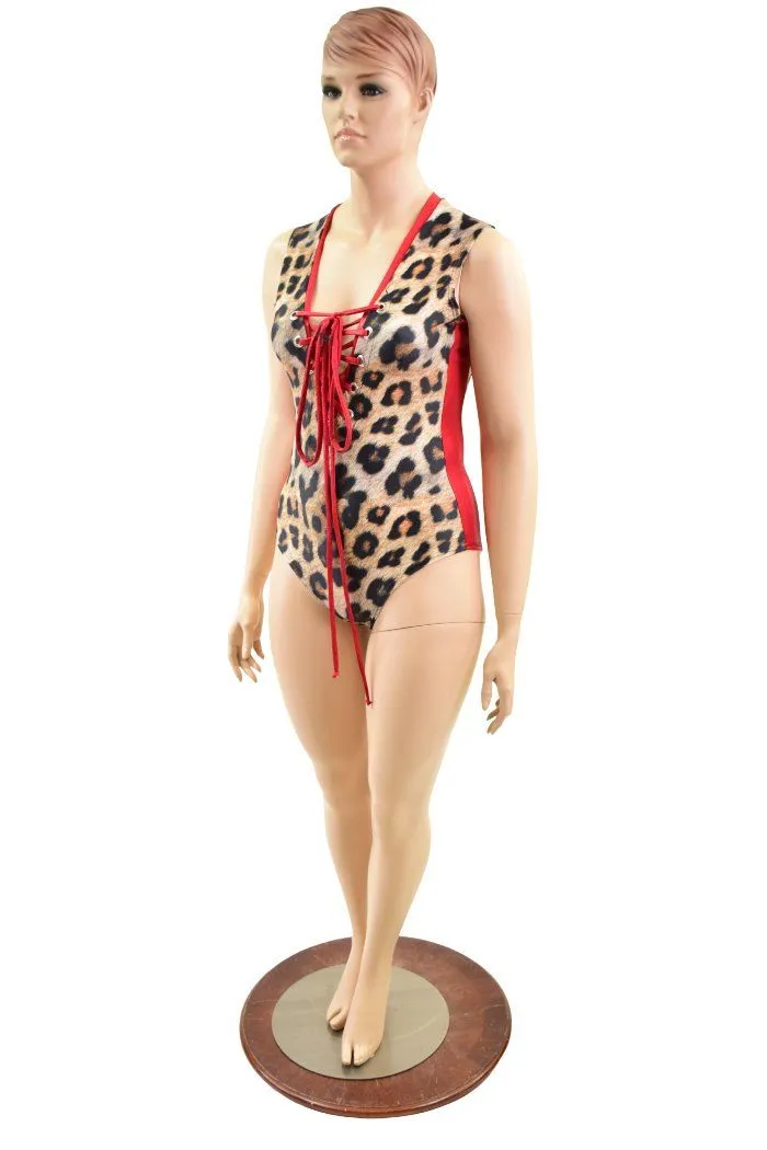 Leopard & Red Plunging V Lace Up Romper