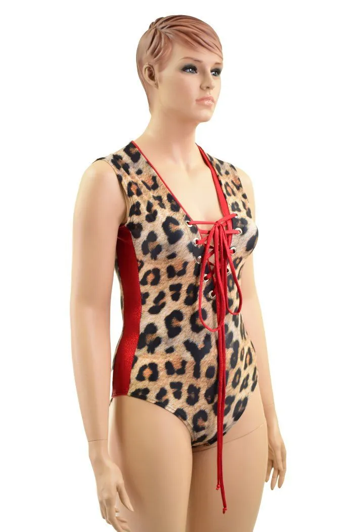 Leopard & Red Plunging V Lace Up Romper