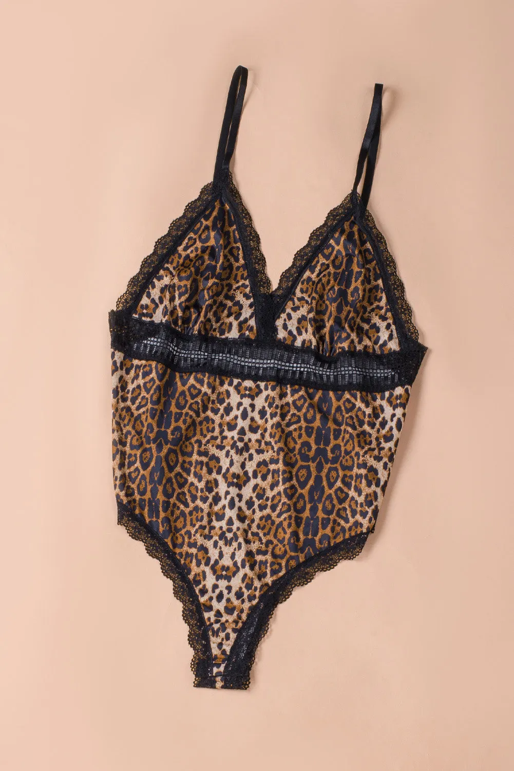 Leopard Print Lace Splicing V Neck Plus Size Bodysuit