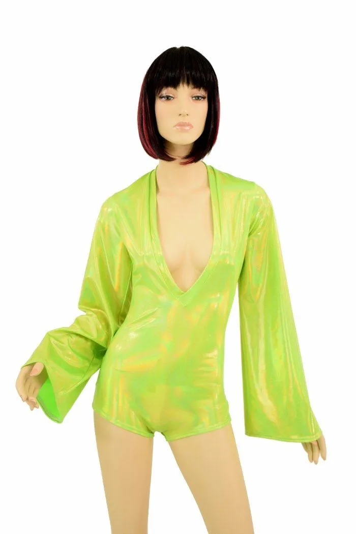 Lime Plunging V Bell Sleeve Romper