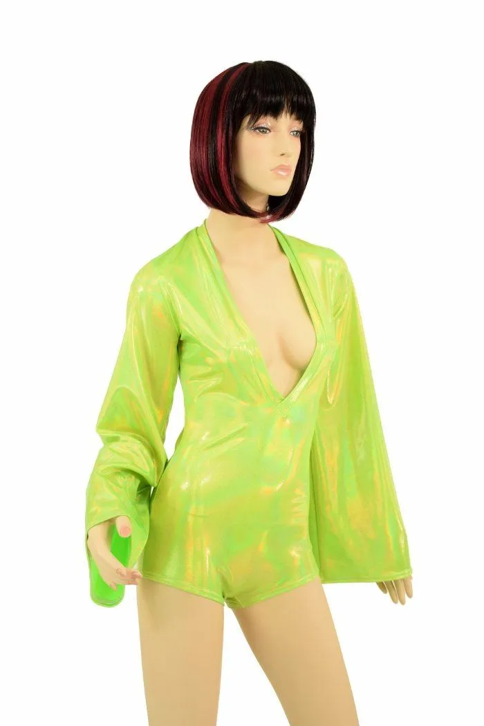 Lime Plunging V Bell Sleeve Romper