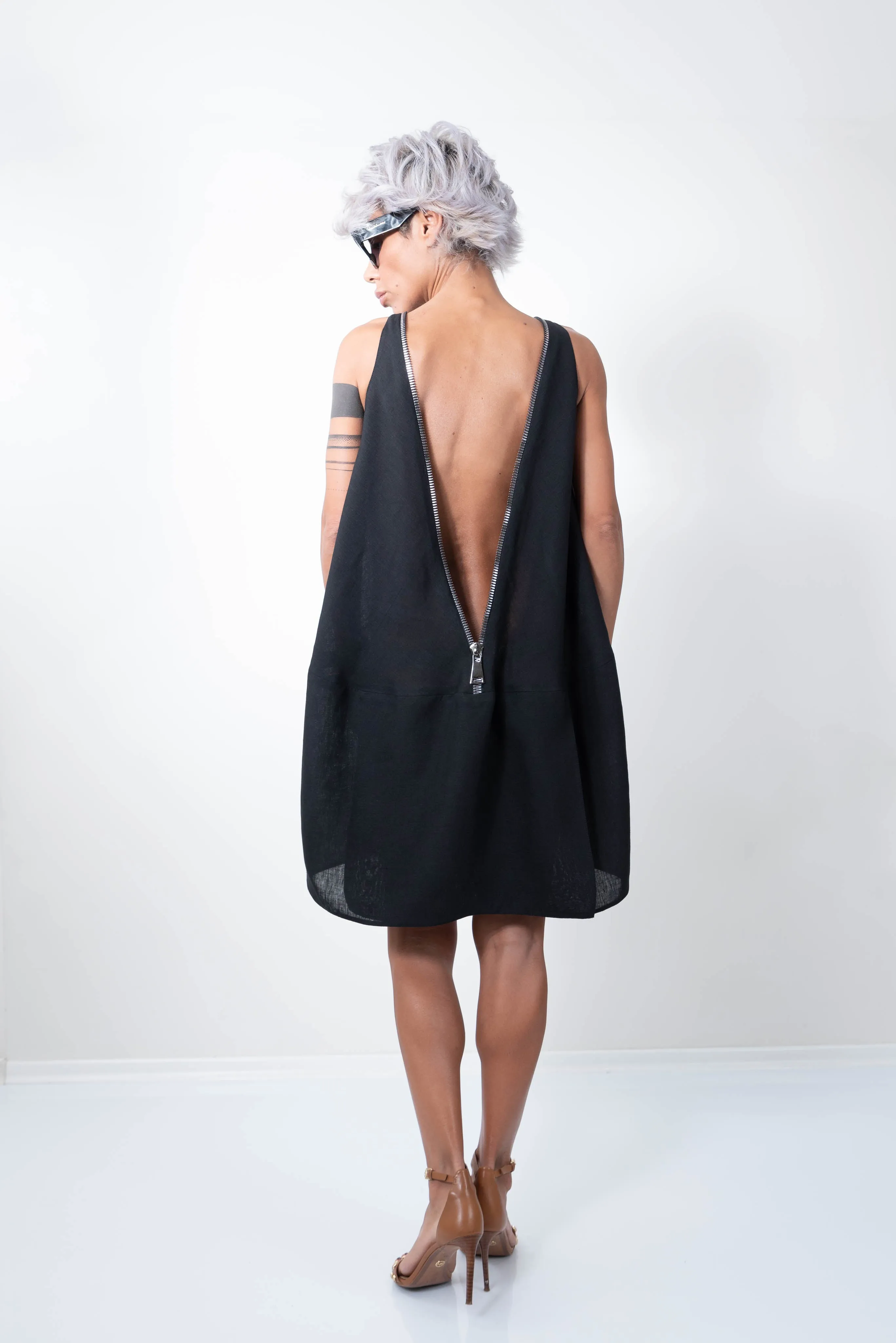 Linen Little Black Dress With a Zipper on the Back