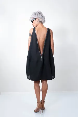 Linen Little Black Dress With a Zipper on the Back