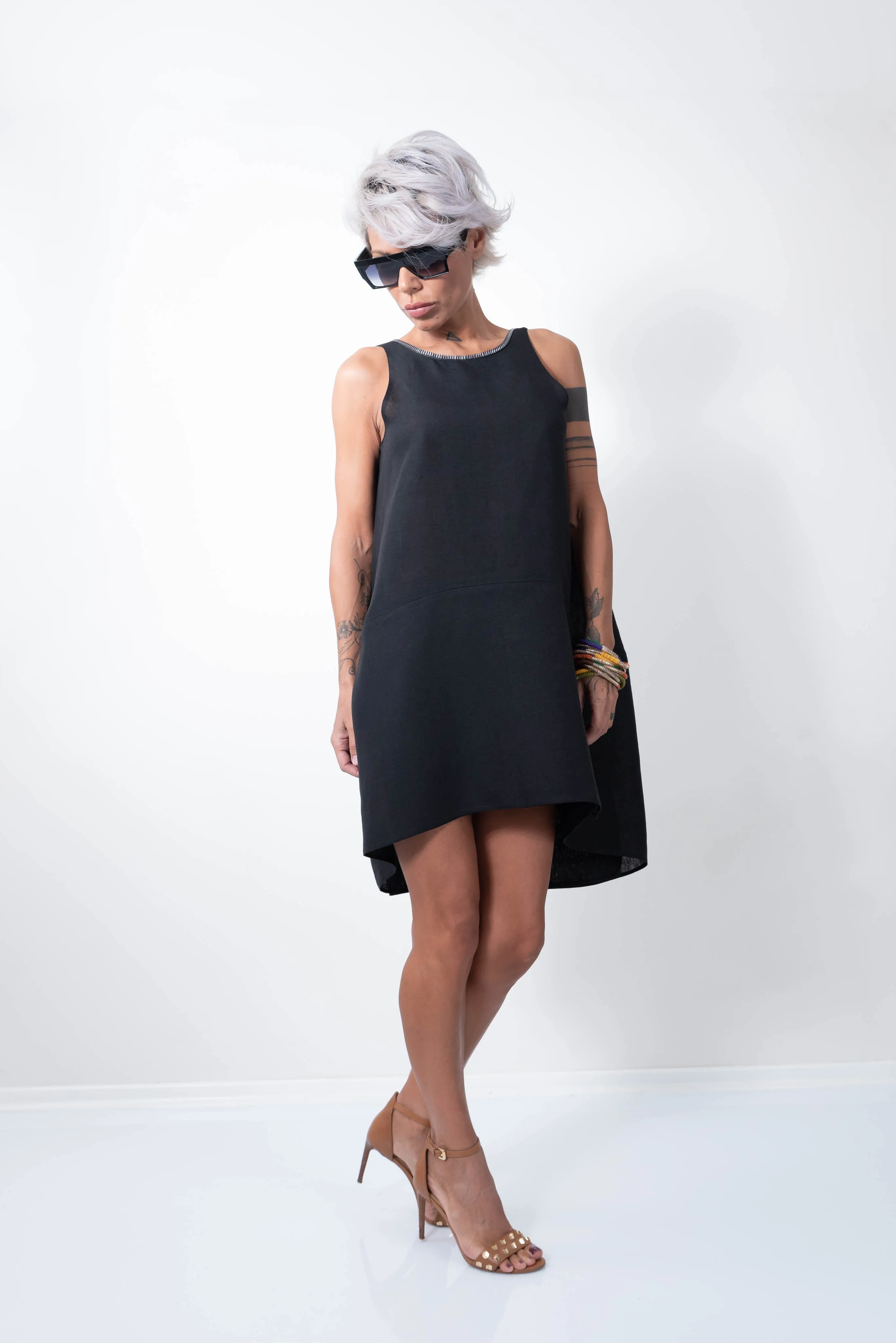 Linen Little Black Dress With a Zipper on the Back
