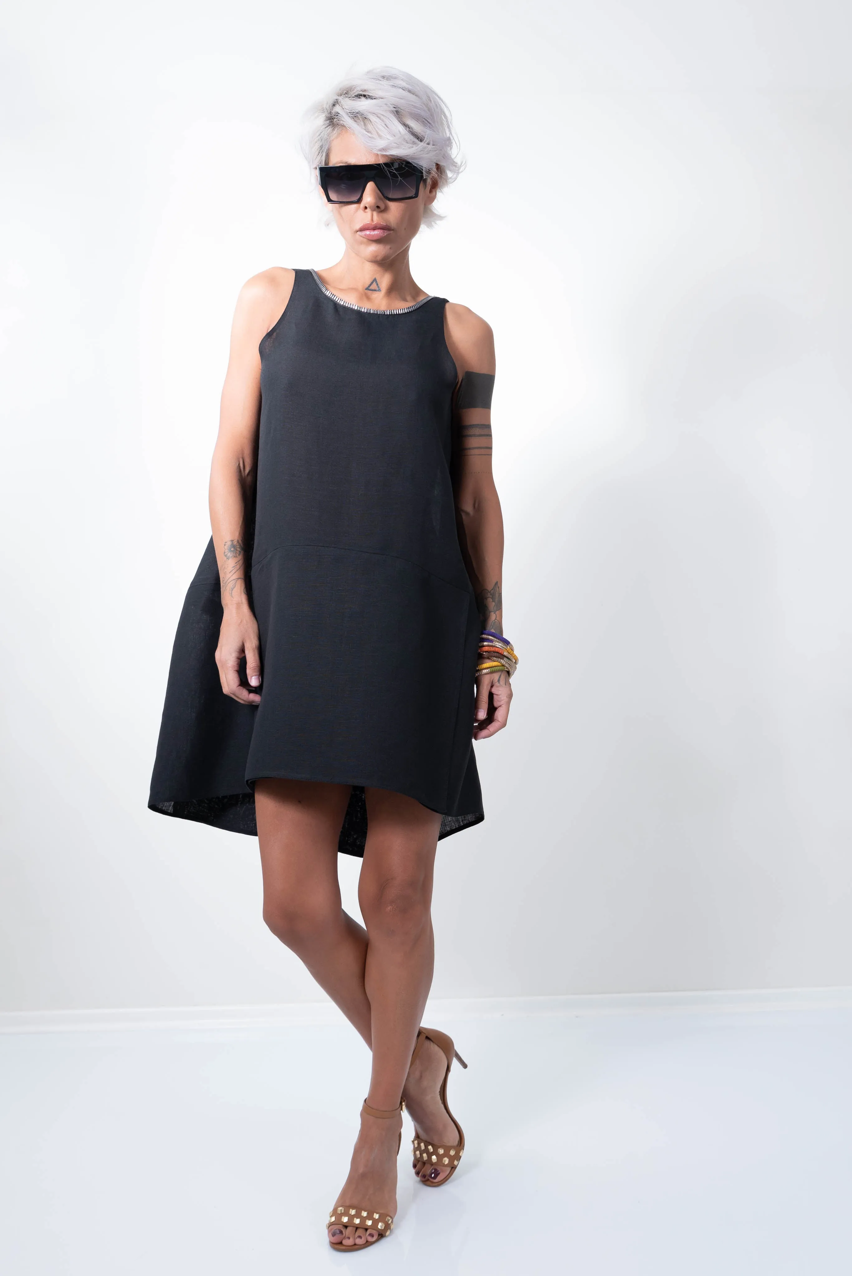 Linen Little Black Dress With a Zipper on the Back