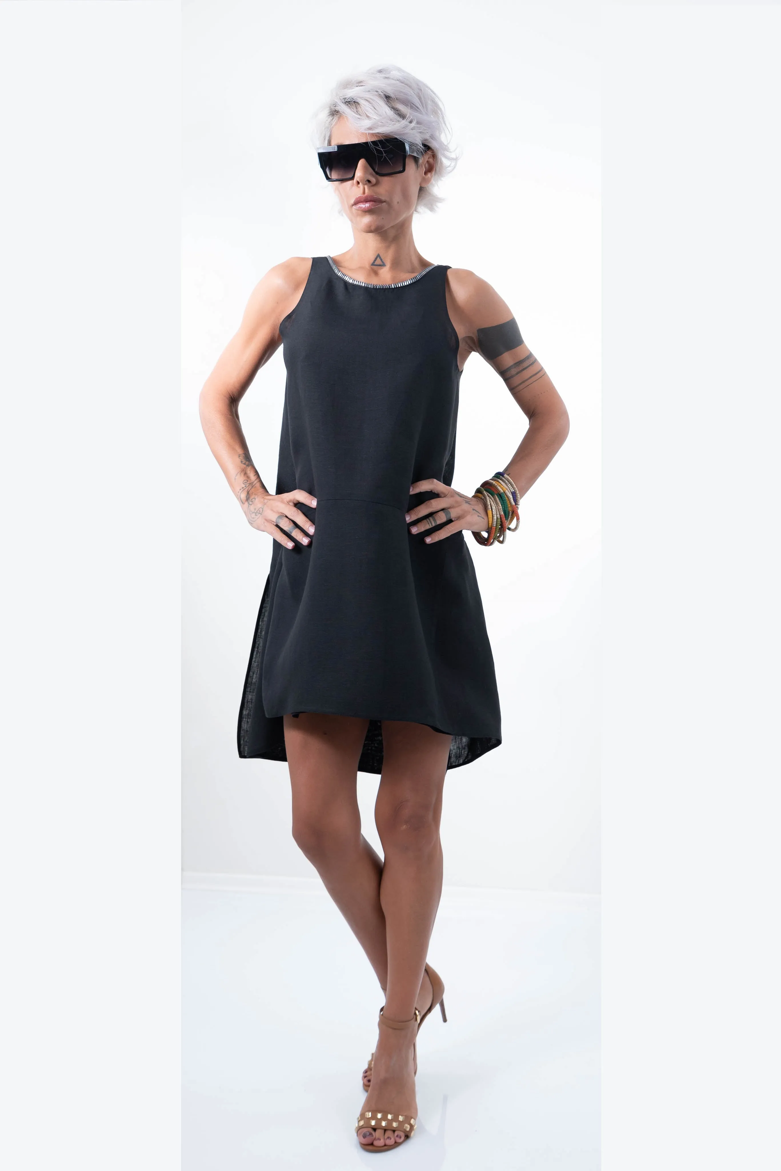 Linen Little Black Dress With a Zipper on the Back