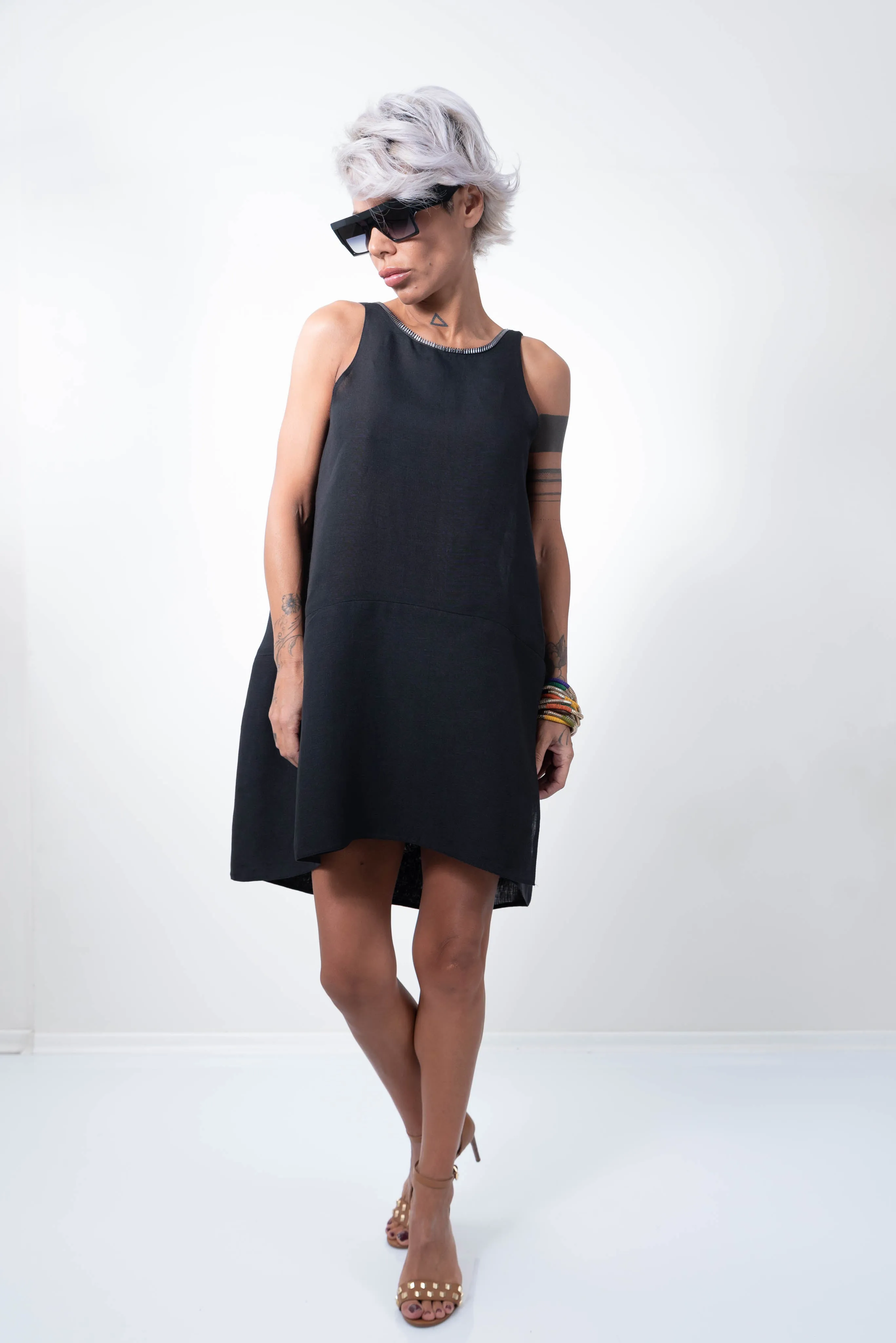 Linen Little Black Dress With a Zipper on the Back