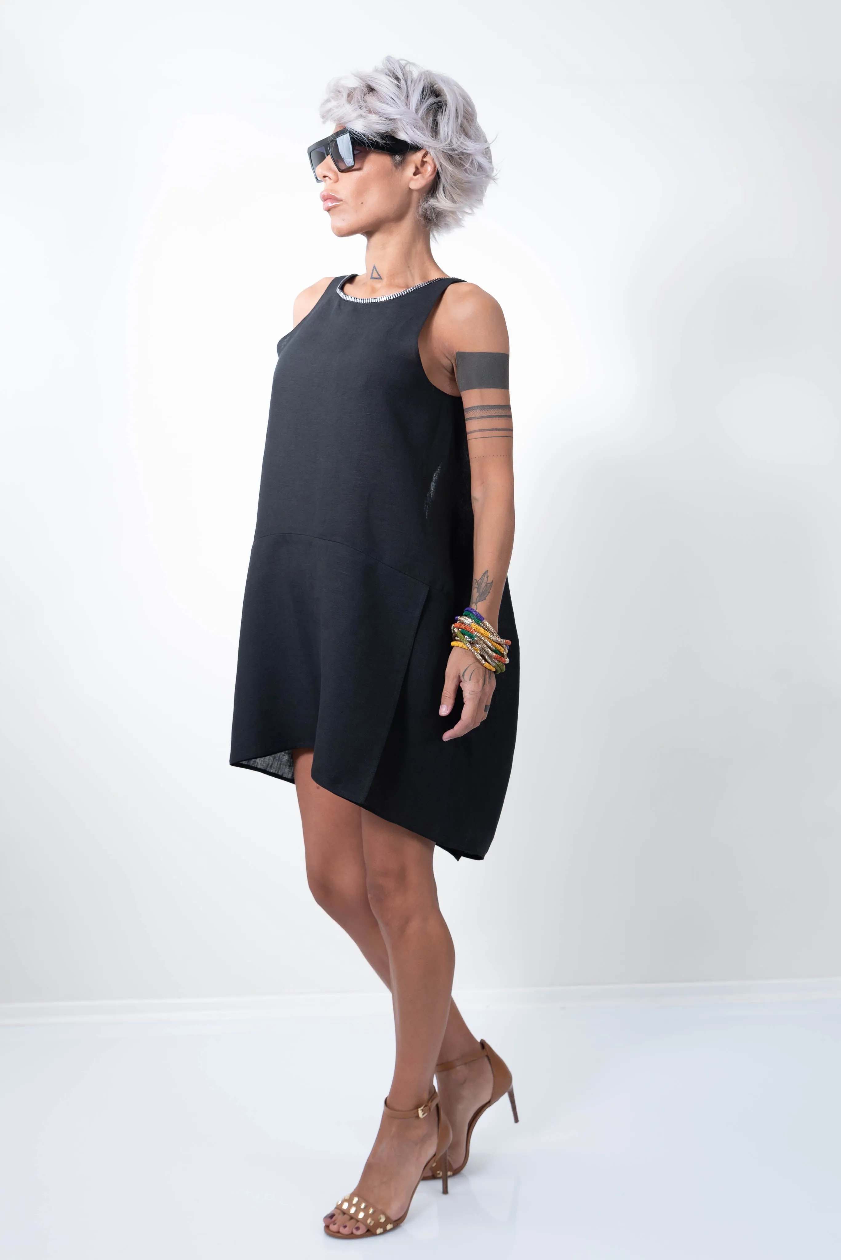 Linen Little Black Dress With a Zipper on the Back