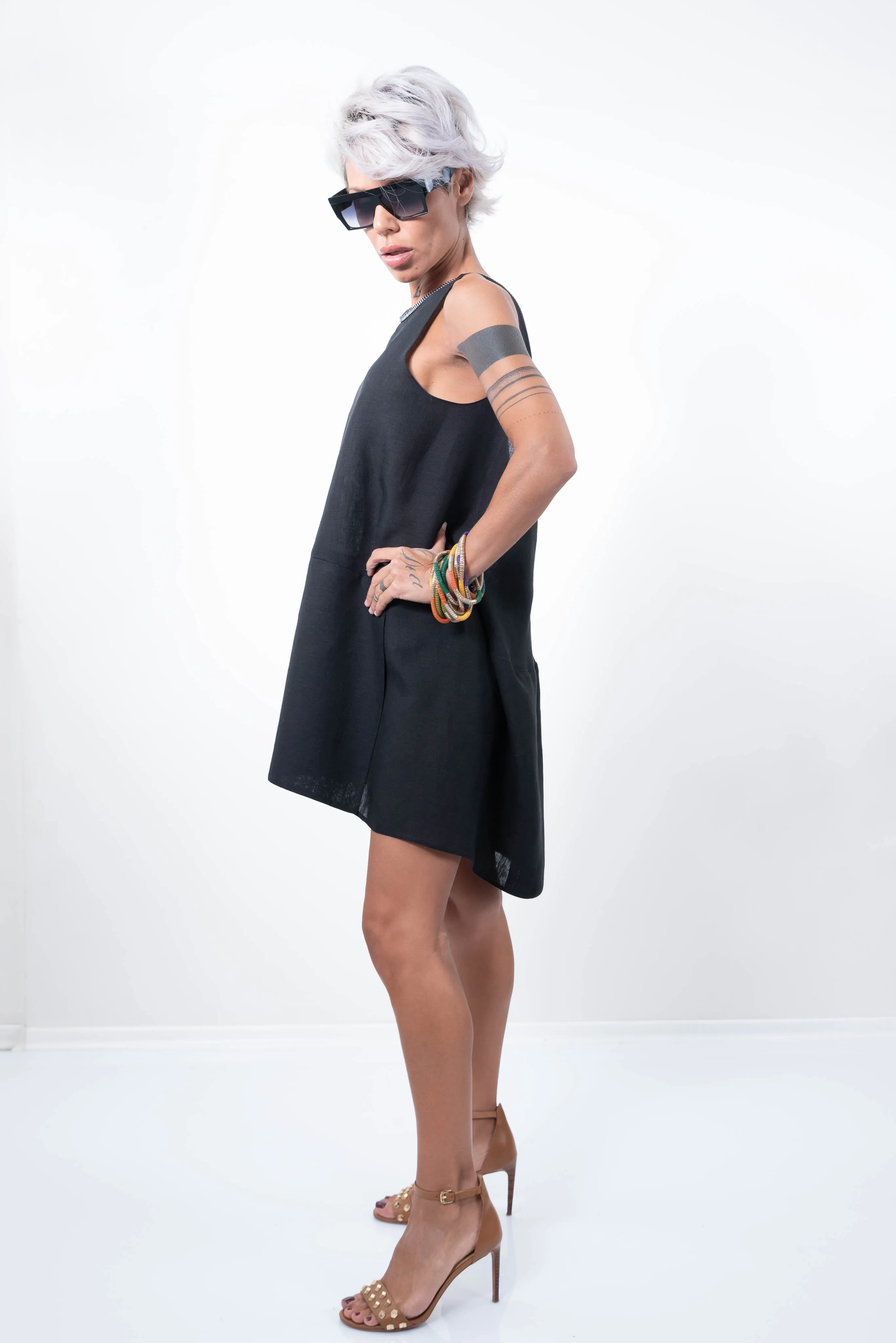 Linen Little Black Dress With a Zipper on the Back