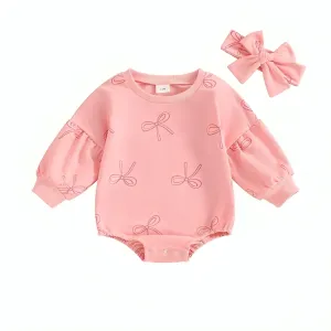 Long Puff Sleeve Bows Print Baby Bodysuit