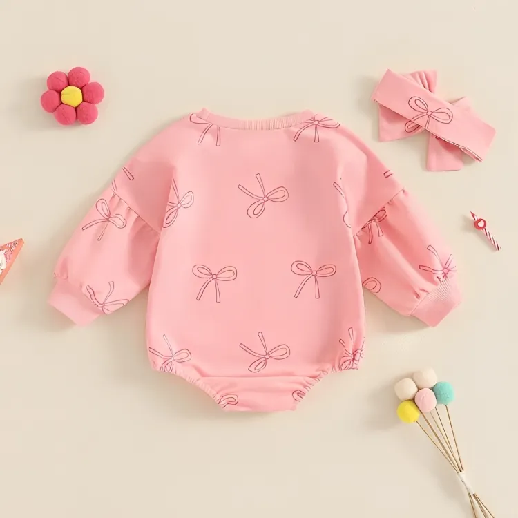 Long Puff Sleeve Bows Print Baby Bodysuit