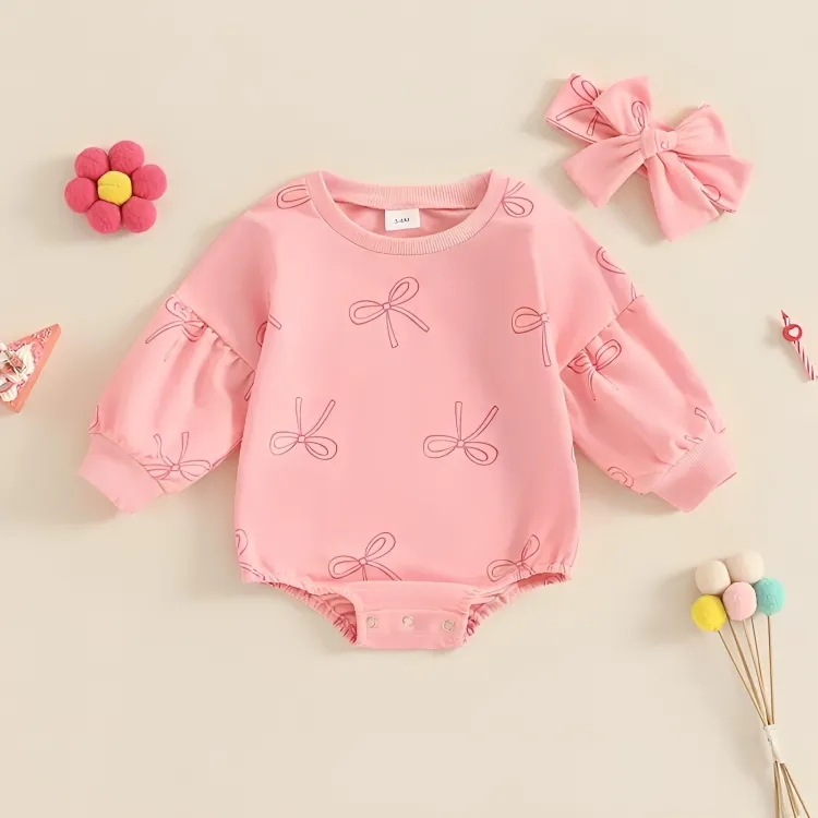 Long Puff Sleeve Bows Print Baby Bodysuit