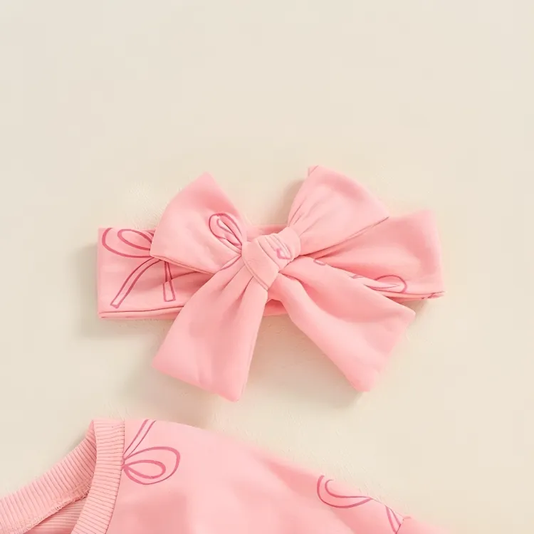Long Puff Sleeve Bows Print Baby Bodysuit