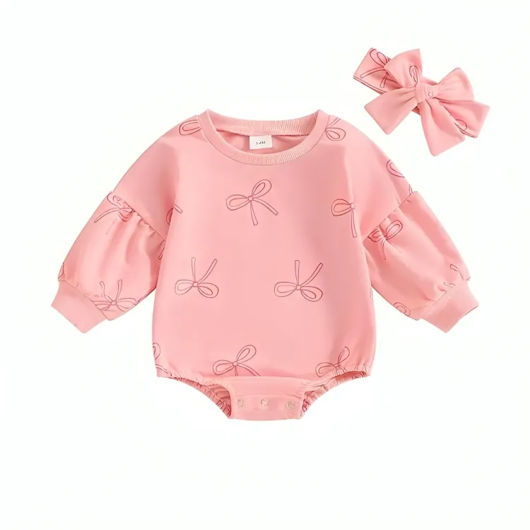 Long Puff Sleeve Bows Print Baby Bodysuit