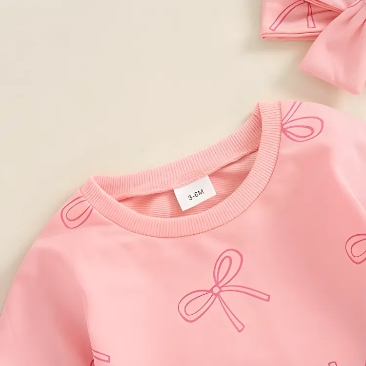 Long Puff Sleeve Bows Print Baby Bodysuit