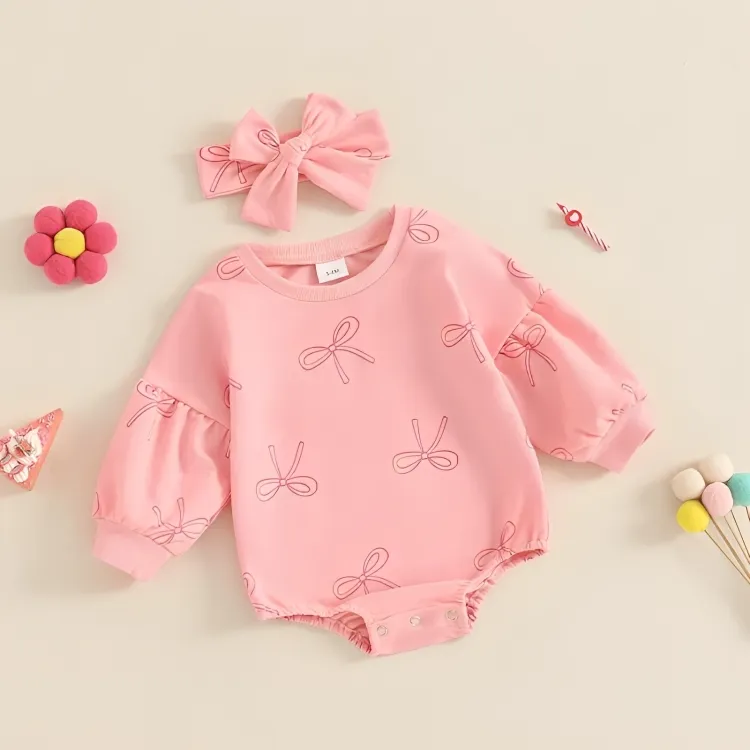 Long Puff Sleeve Bows Print Baby Bodysuit