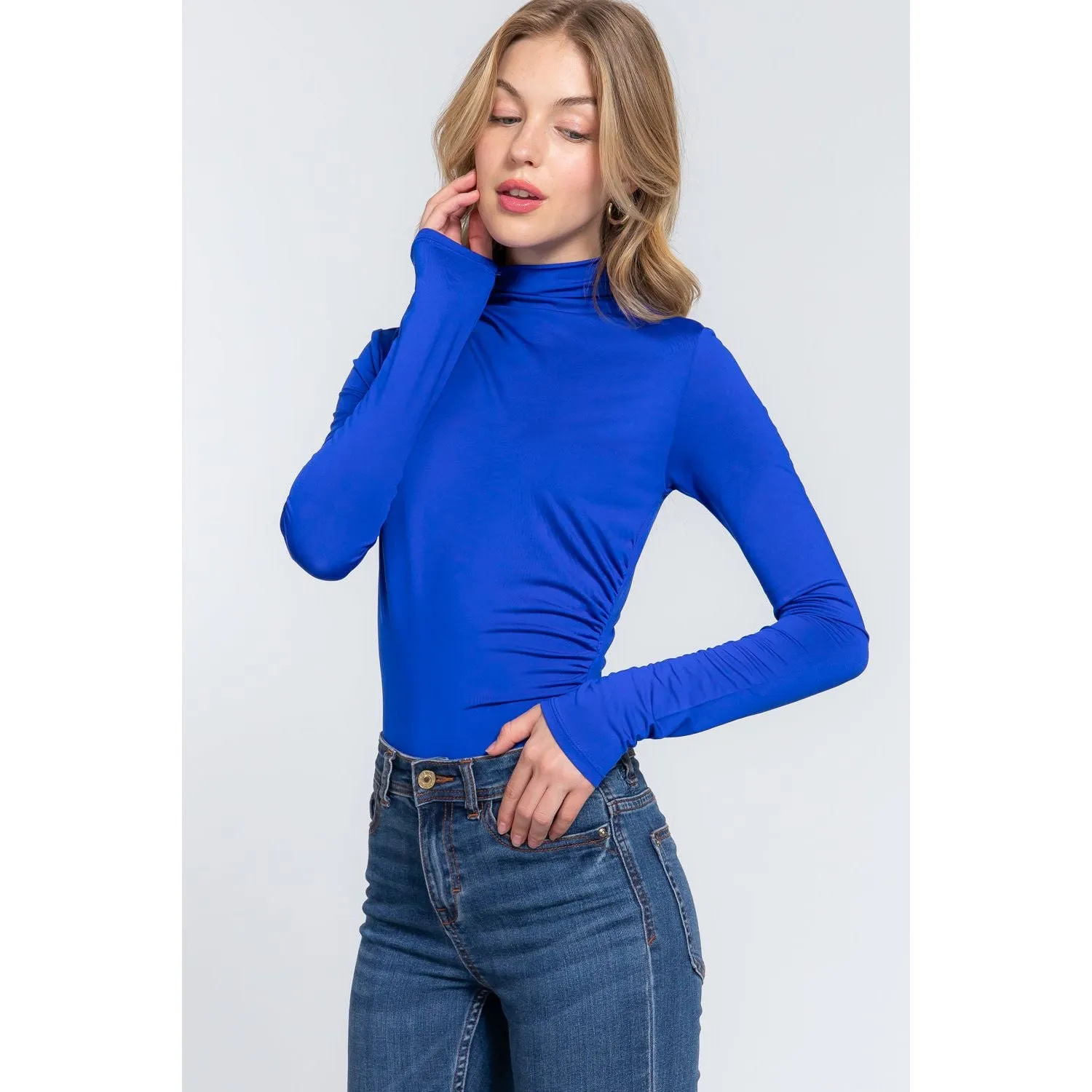 Long Sleeve High Neck Shirring Detail Ity Knit Bodysuit