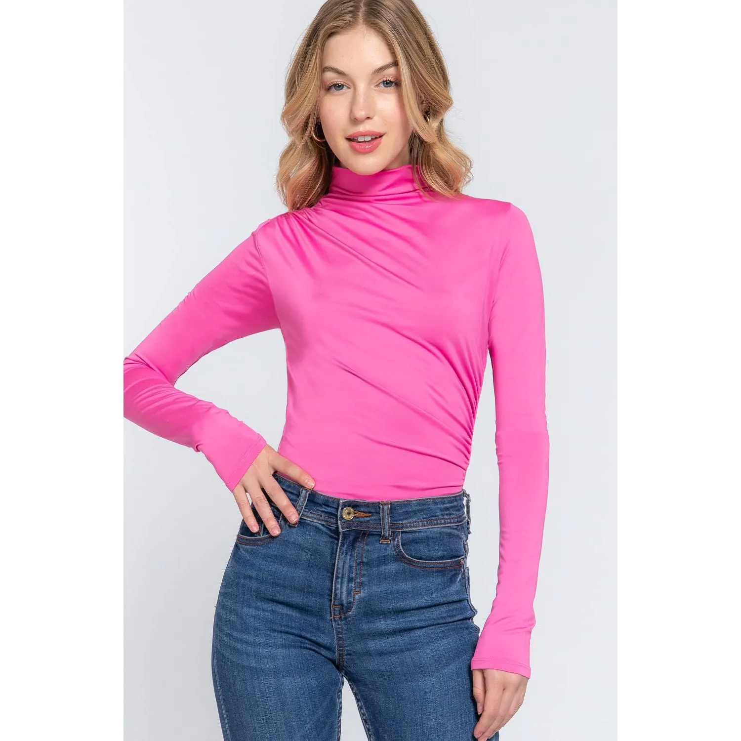 Long Sleeve High Neck Shirring Detail Ity Knit Bodysuit