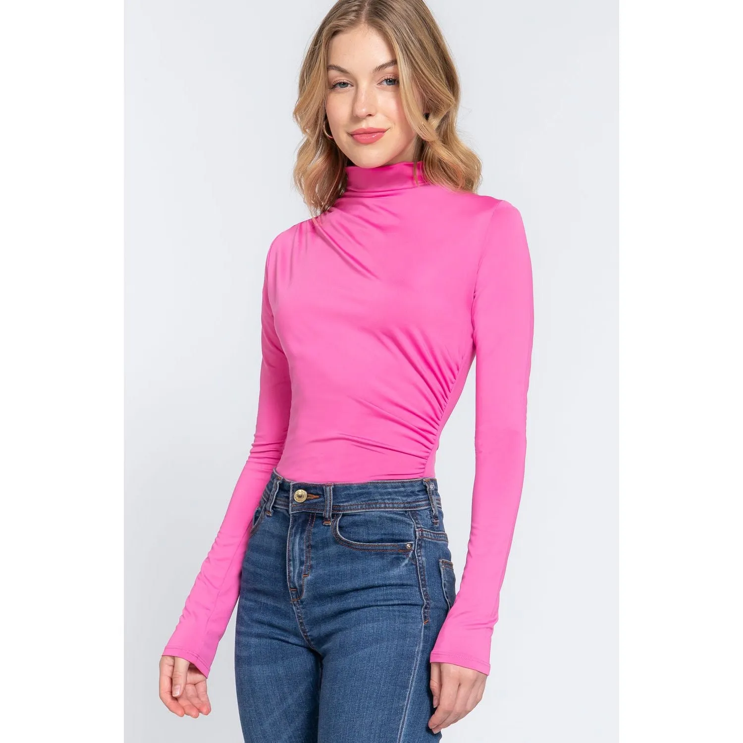 Long Sleeve High Neck Shirring Detail Ity Knit Bodysuit