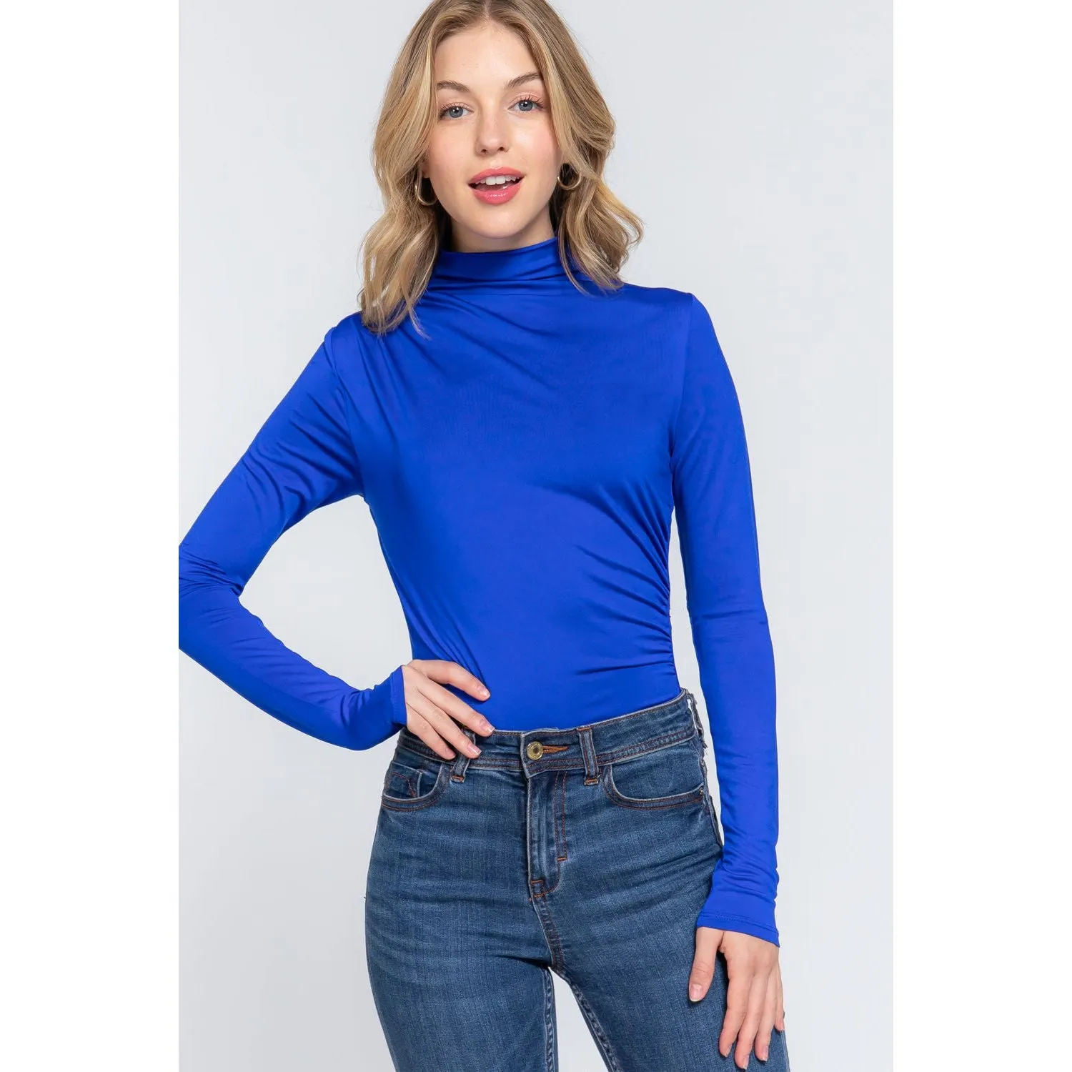 Long Sleeve High Neck Shirring Detail Ity Knit Bodysuit