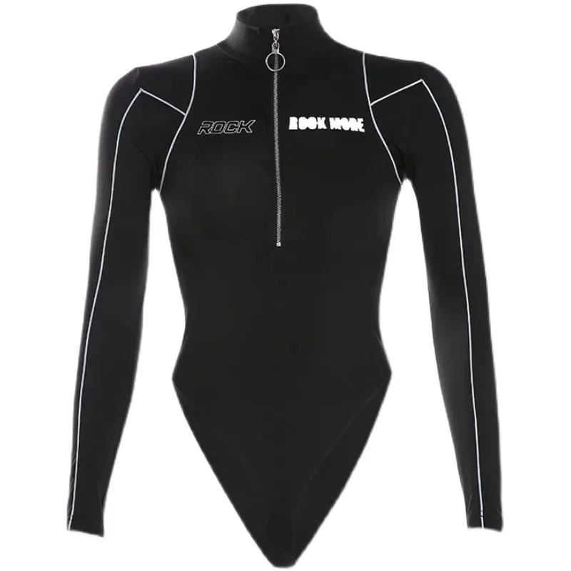 Long Sleeve High Neck Zipper Bodysuit T-shirt