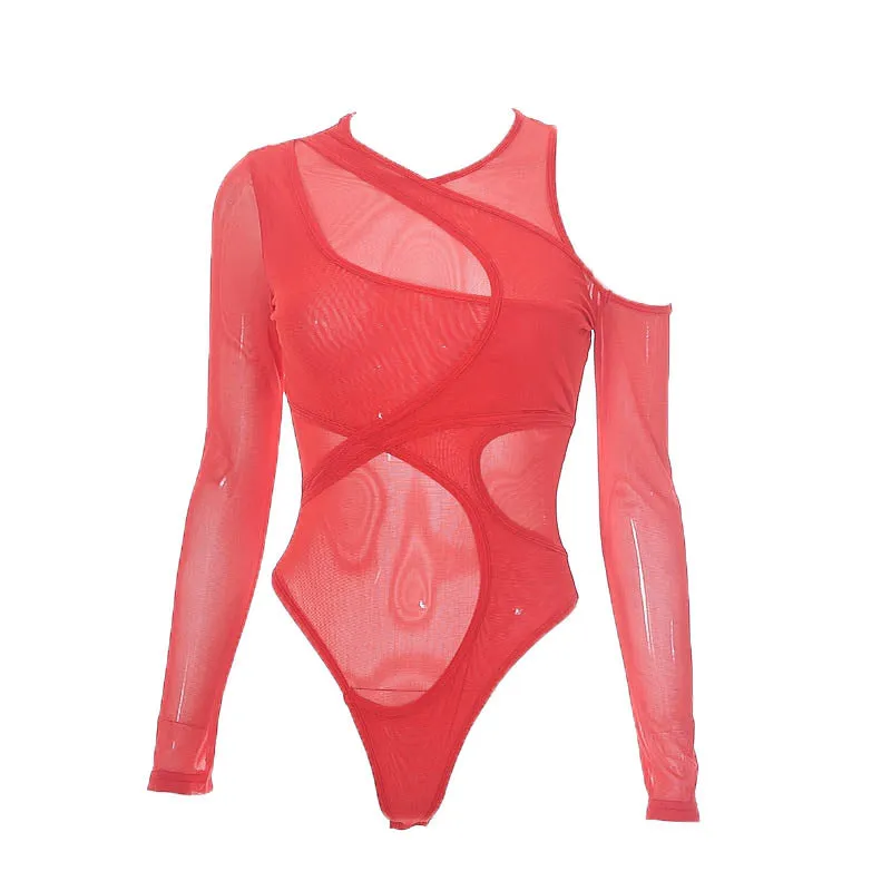 Long sleeve off shoulder irregular sheer mesh bodysuit