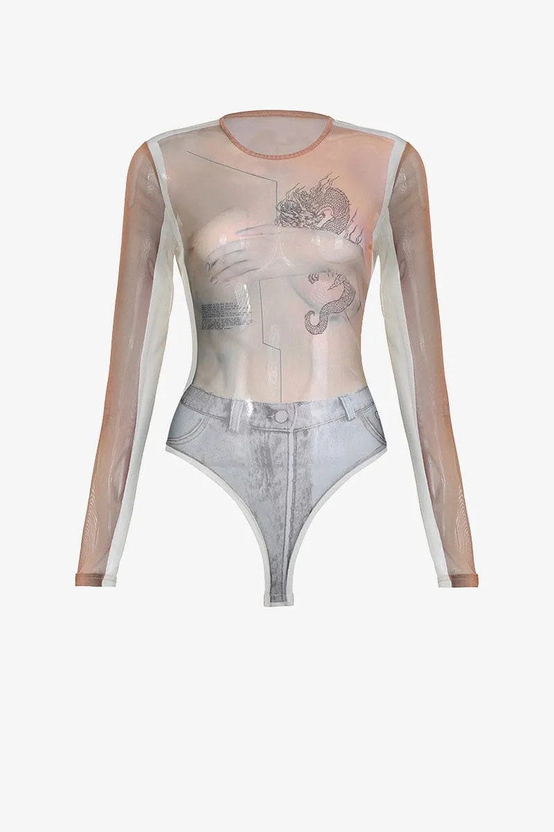 Long Sleeve Sheer Dragon Print bodysuit