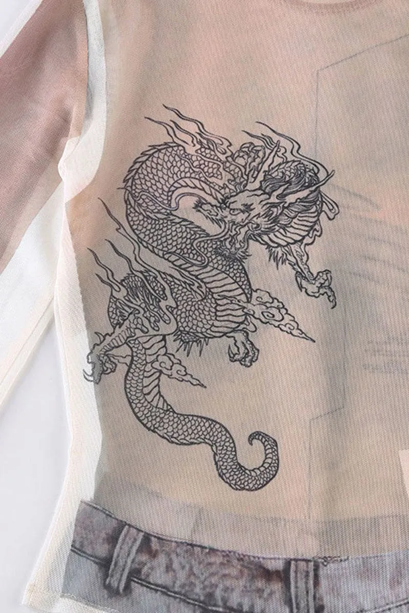 Long Sleeve Sheer Dragon Print bodysuit