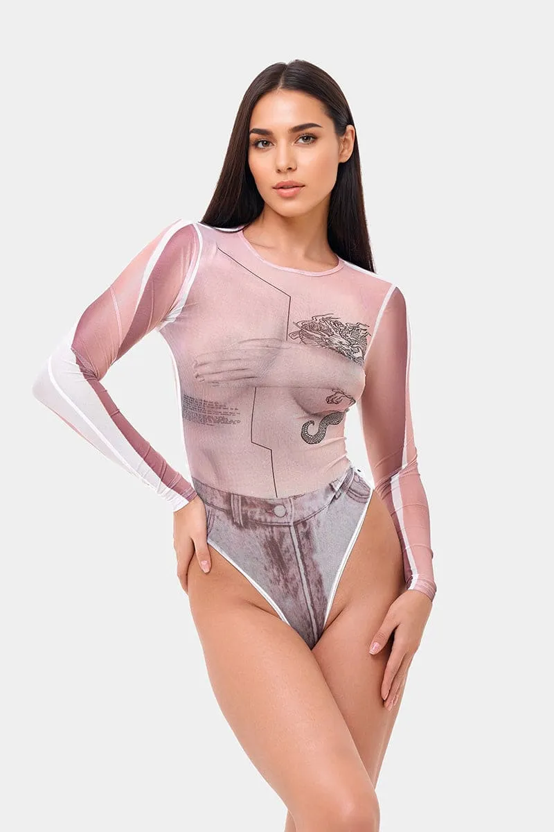 Long Sleeve Sheer Dragon Print bodysuit