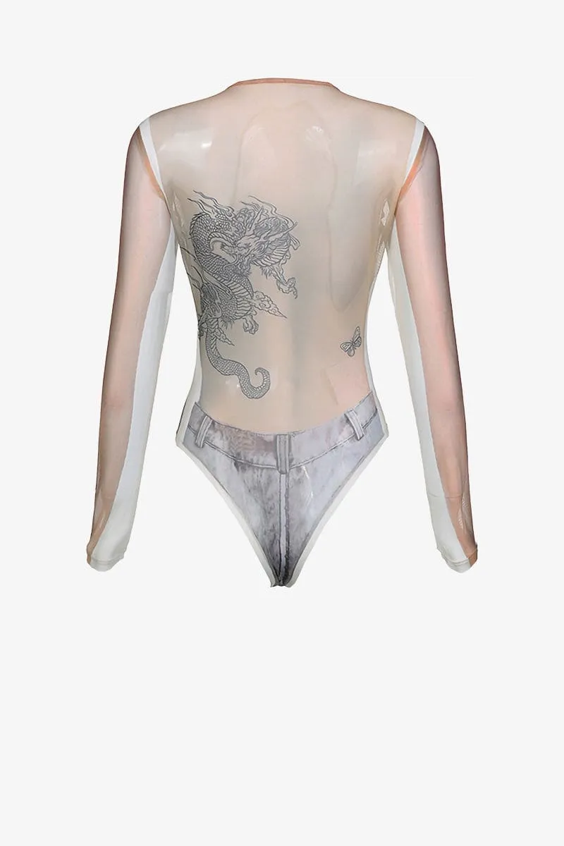 Long Sleeve Sheer Dragon Print bodysuit