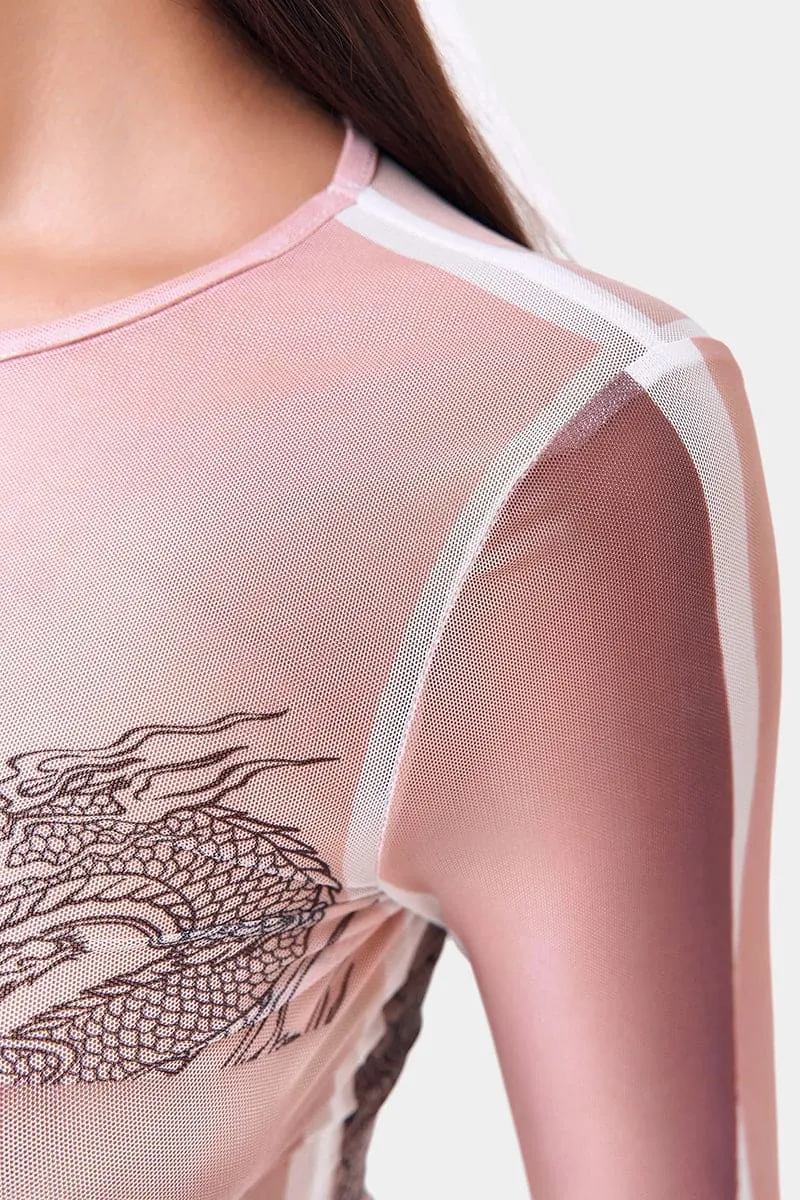 Long Sleeve Sheer Dragon Print bodysuit