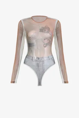 Long Sleeve Sheer Dragon Print bodysuit